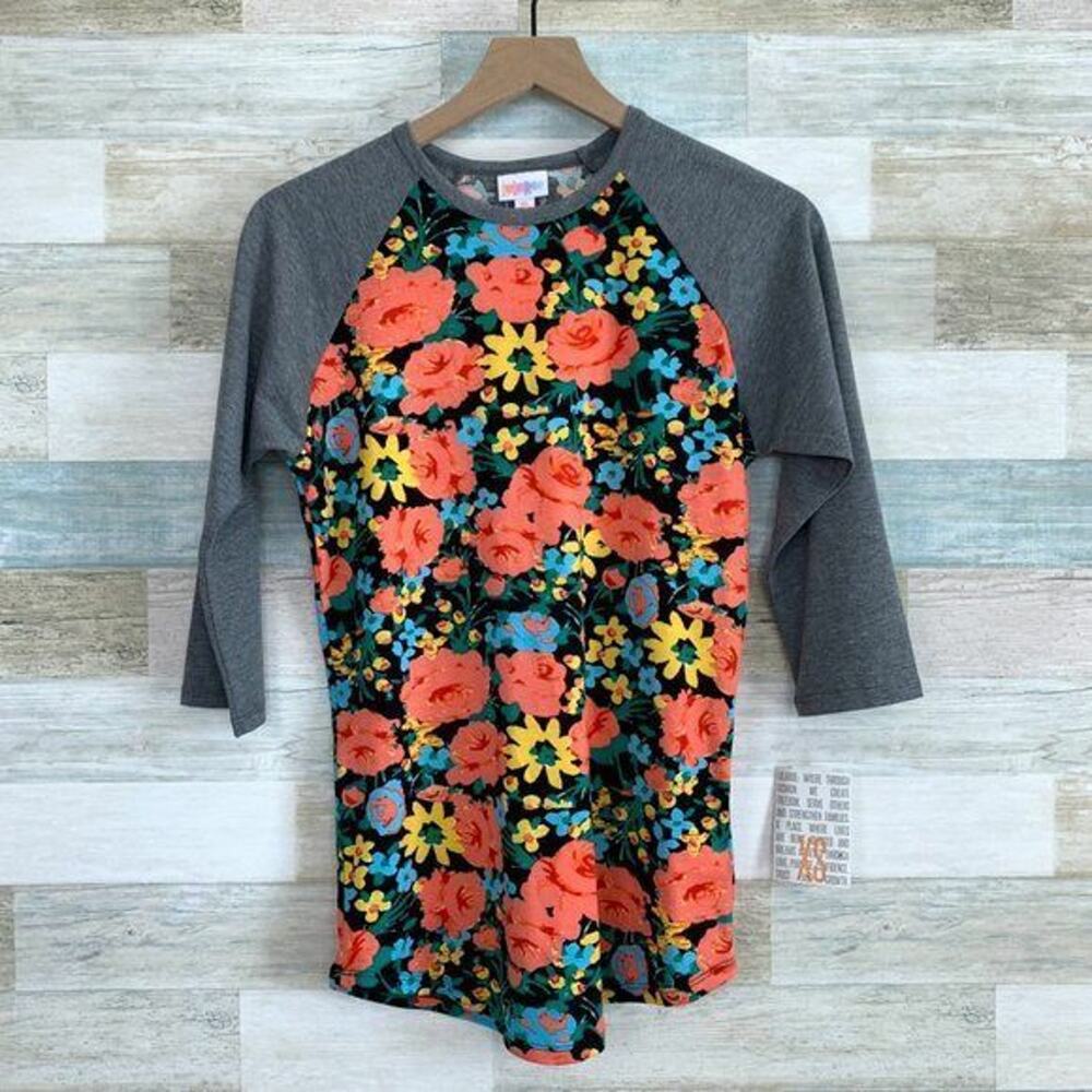 LuLaRoe Randy Baseball Tee Gray Pink Floral Print Womens XS